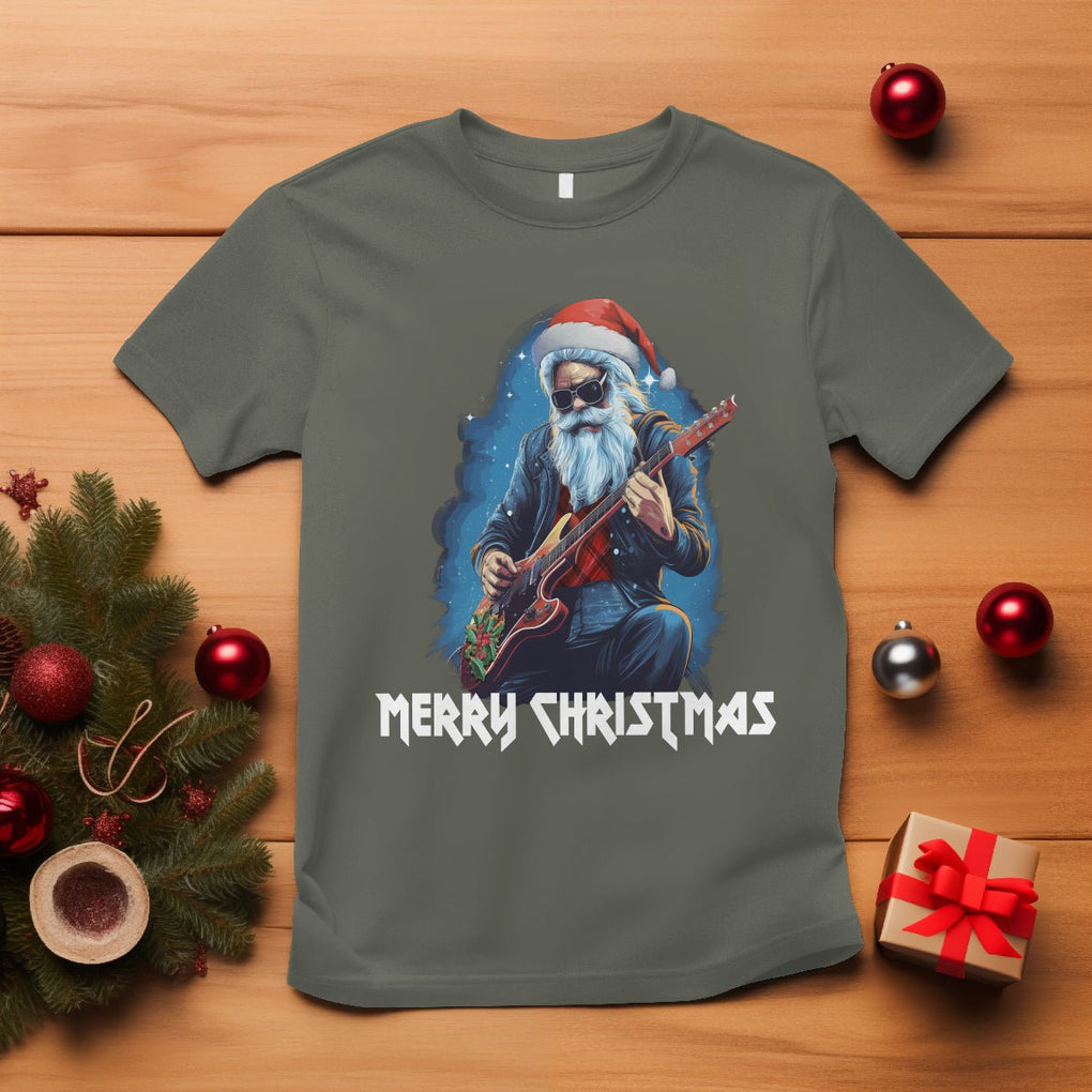 Christmas T Shirt Sleigher Hail Santa Rock Electric Guitar Cool Xmas TS09 Military Green Printyourwear