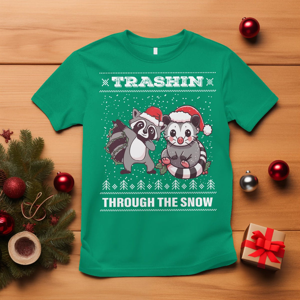 Christmas T Shirt Trashin Through The Snow Garbage Gang Opossum Raccoon Santa Hat TS09 Irish Green Printyourwear