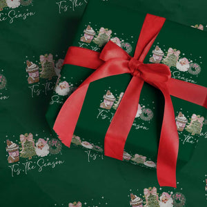 Christmas Tis The Season Wrapping Paper Roll Cute Winter Old Xmas Vintage Pink Santa Claus TS10 Green Print Your Wear