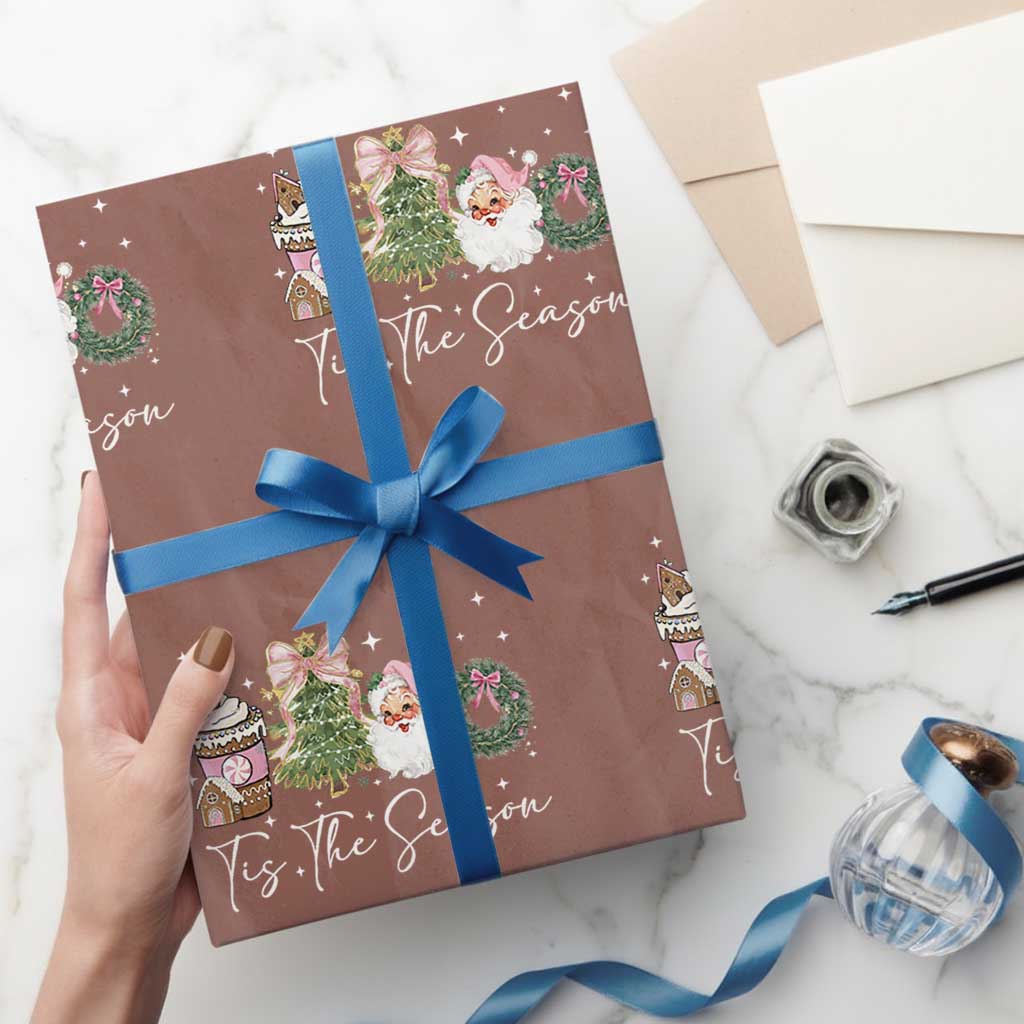 Christmas Tis The Season Wrapping Paper Roll Cute Winter Old Xmas Vintage Pink Santa Claus TS10 Mocha Print Your Wear