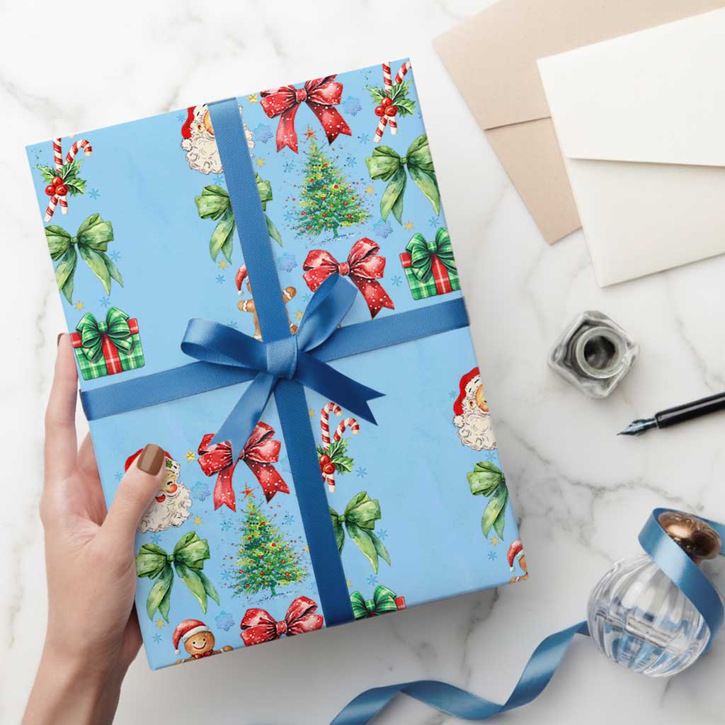 Christmas Tree Retro Coquette Bow Wrapping Paper Roll Santa Claus Candy Festive Xmas Vibes TS02 Light Blue Print Your Wear