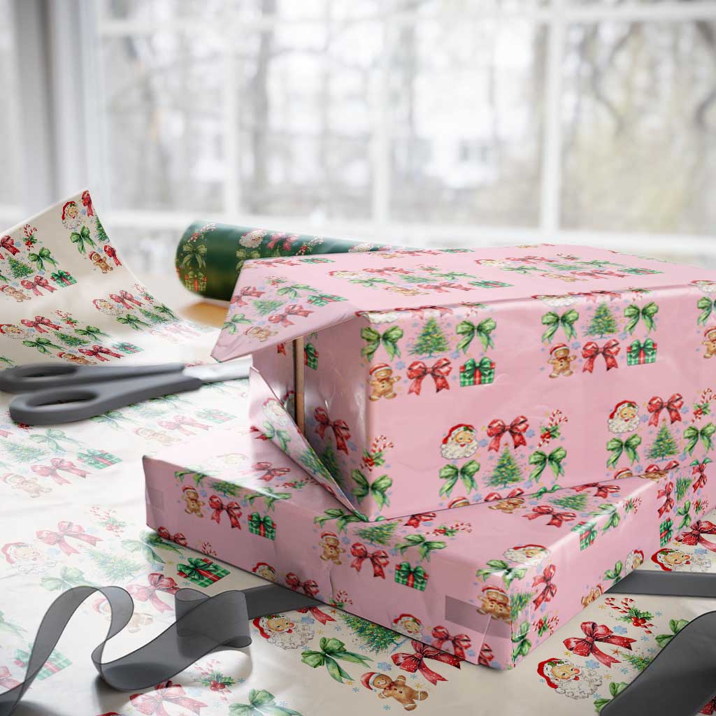 Christmas Tree Retro Coquette Bow Wrapping Paper Roll Santa Claus Candy Festive Xmas Vibes TS02 Light Pink Print Your Wear