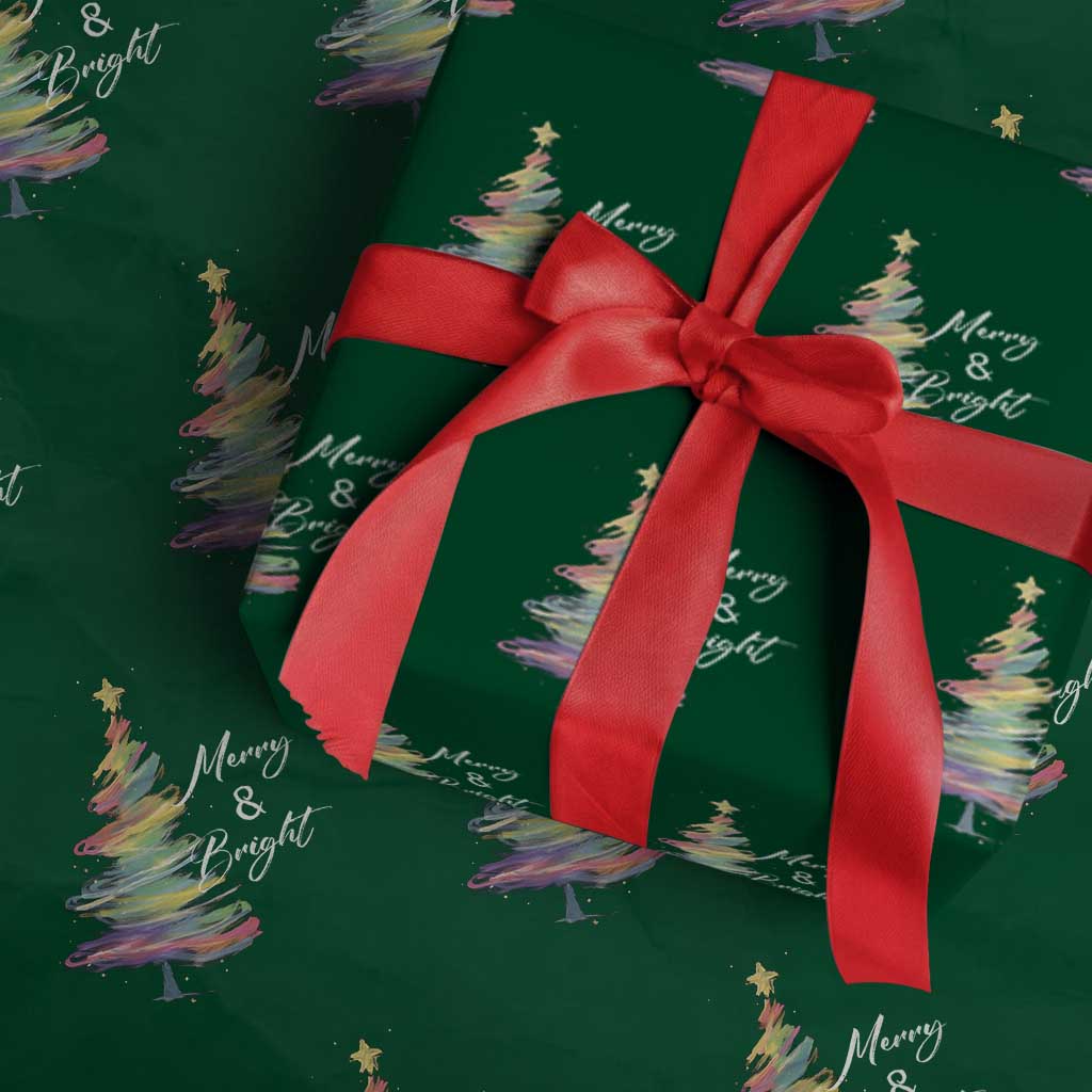 Christmas Wrapping Paper Roll Merry And Bright Colorful Xmas Tree TS11 Green Print Your Wear