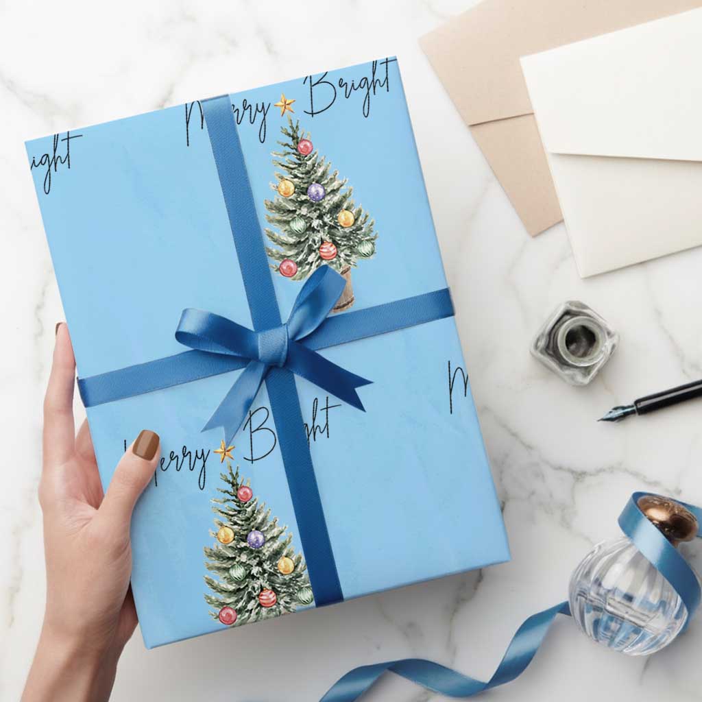 Christmas Wrapping Paper Roll Merry And Bright Retro Xmas Tree TS11 Light Blue Print Your Wear