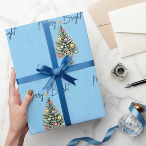 Christmas Wrapping Paper Roll Merry And Bright Retro Xmas Tree TS11 Light Blue Print Your Wear