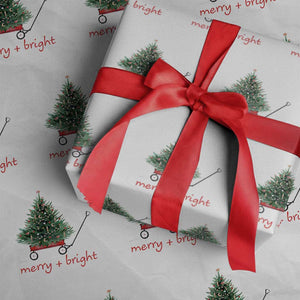 Christmas Wrapping Paper Roll Merry And Bright Retro Xmas Tree Wagon TS11 White Print Your Wear