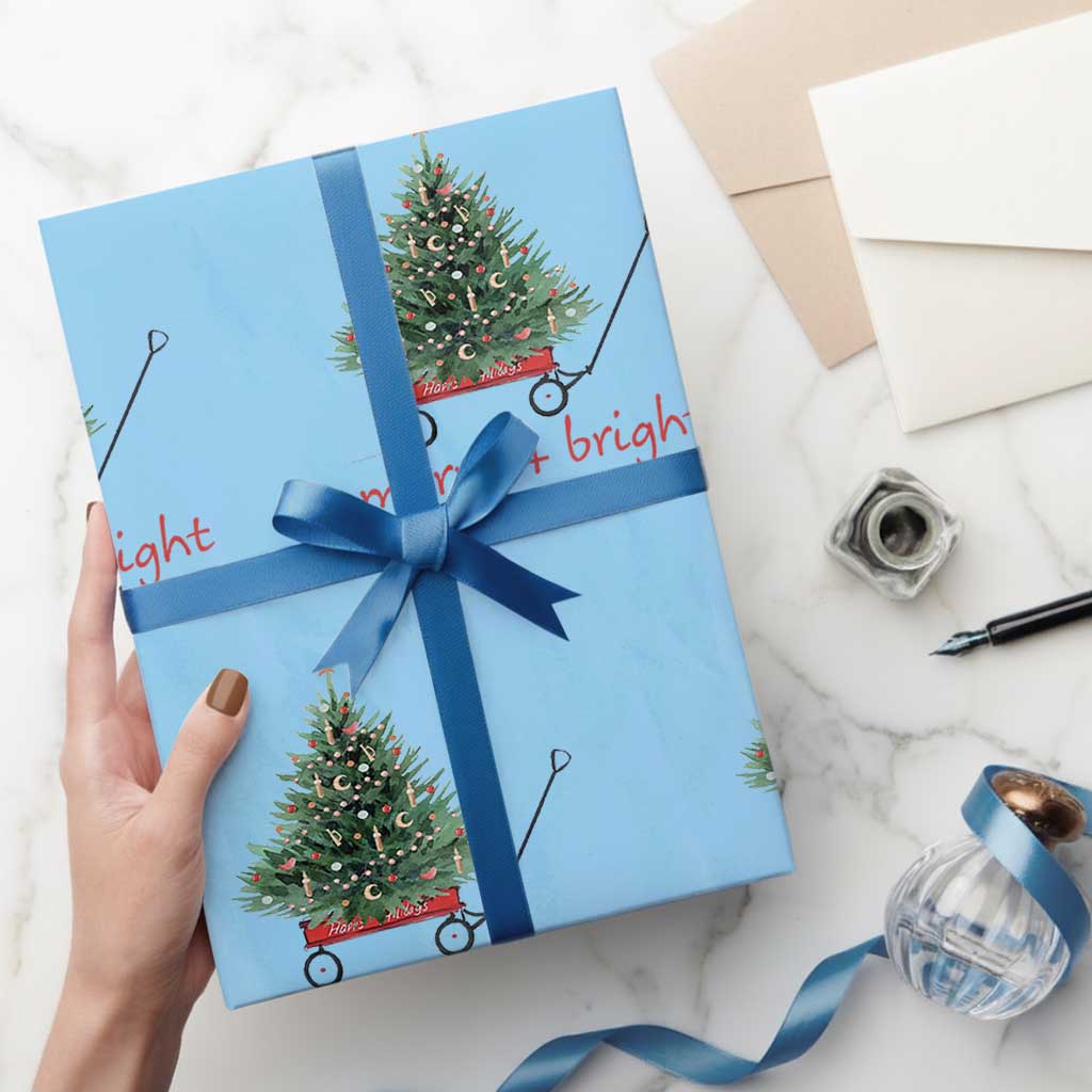 Christmas Wrapping Paper Roll Merry And Bright Retro Xmas Tree Wagon TS11 Light Blue Print Your Wear