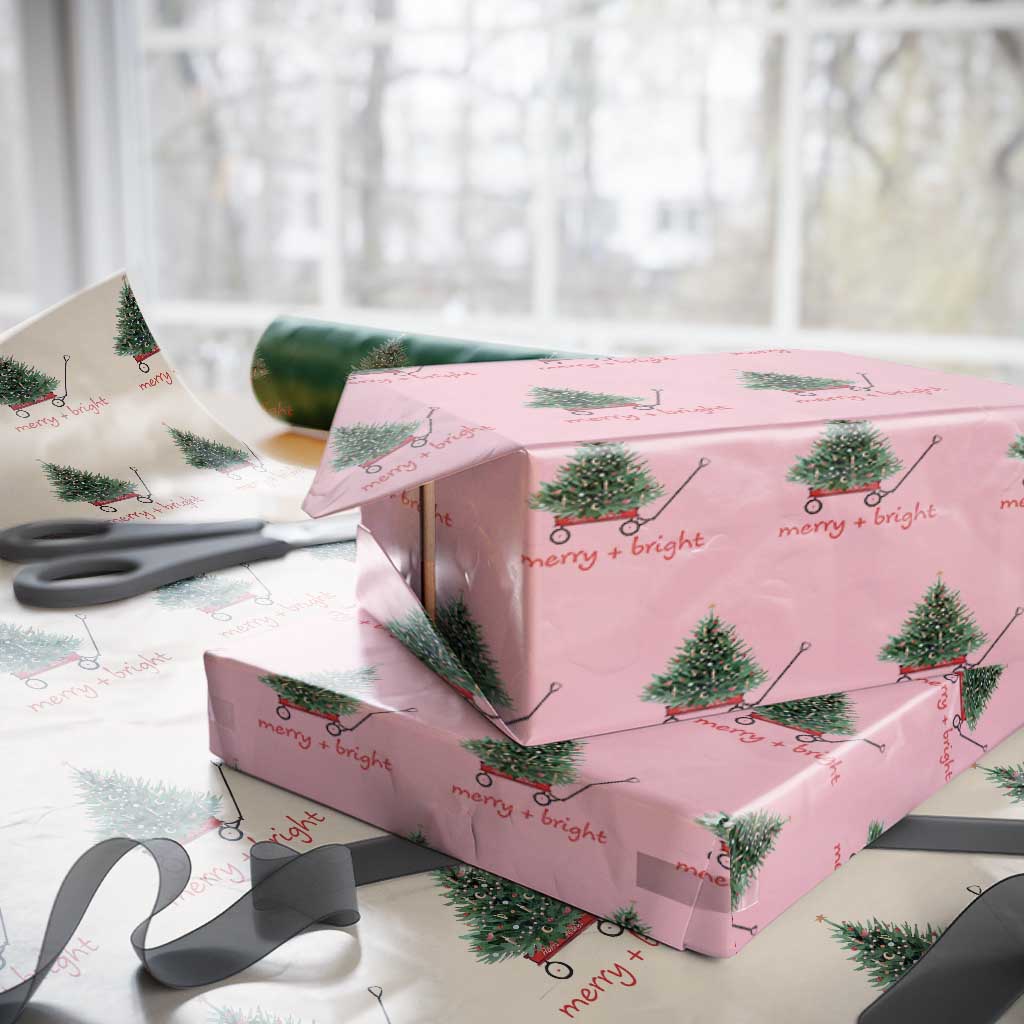 Christmas Wrapping Paper Roll Merry And Bright Retro Xmas Tree Wagon TS11 Light Pink Print Your Wear