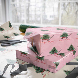 Christmas Wrapping Paper Roll Merry And Bright Retro Xmas Tree Wagon TS11 Light Pink Print Your Wear