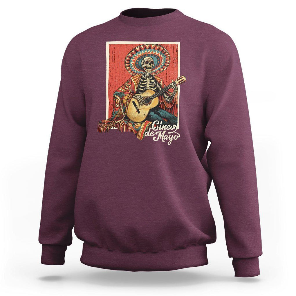 Cinco De Mayo Sweatshirt Mariachi Skeleton Playing Guitar Mexican Party TS09 Maroon Printyourwear