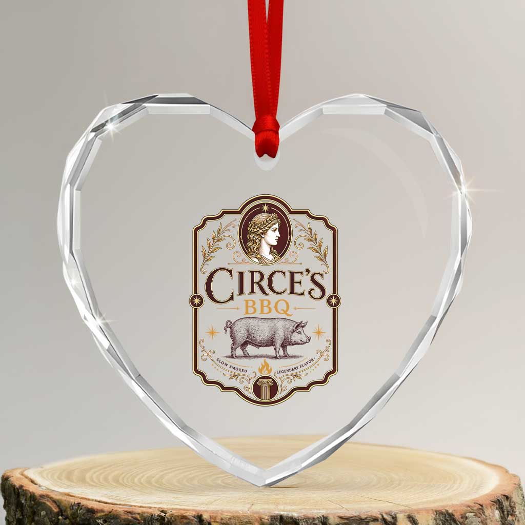 Circes BBQ Funny Greek Mythology Dark Humor Heart Crystal Glass Ornament Slow Smoked Legendary Flavor Odysseus Pigs Odyssey Parody TS02 Transparent Glass 3'' Heart Print Your Wear