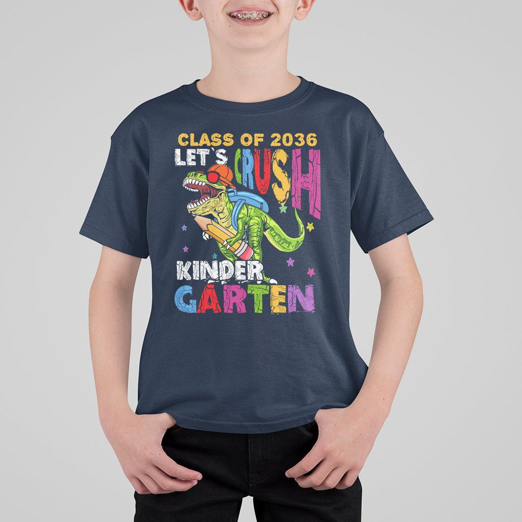 Kindergarten Graduate T Shirt For Kid Dinousaur Class Of 2036 Let's Crush Kinder TS02 Navy Printyourwear