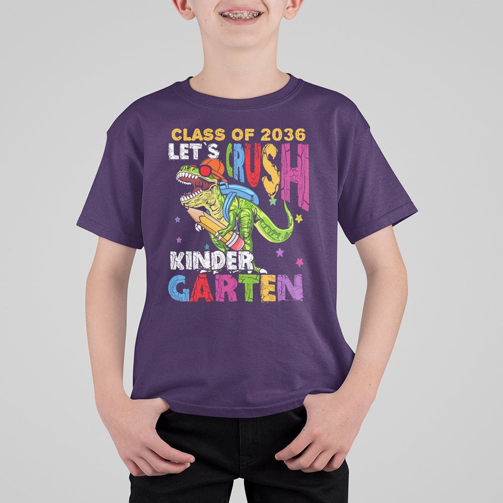Kindergarten Graduate T Shirt For Kid Dinousaur Class Of 2036 Let's Crush Kinder TS02 Purple Printyourwear