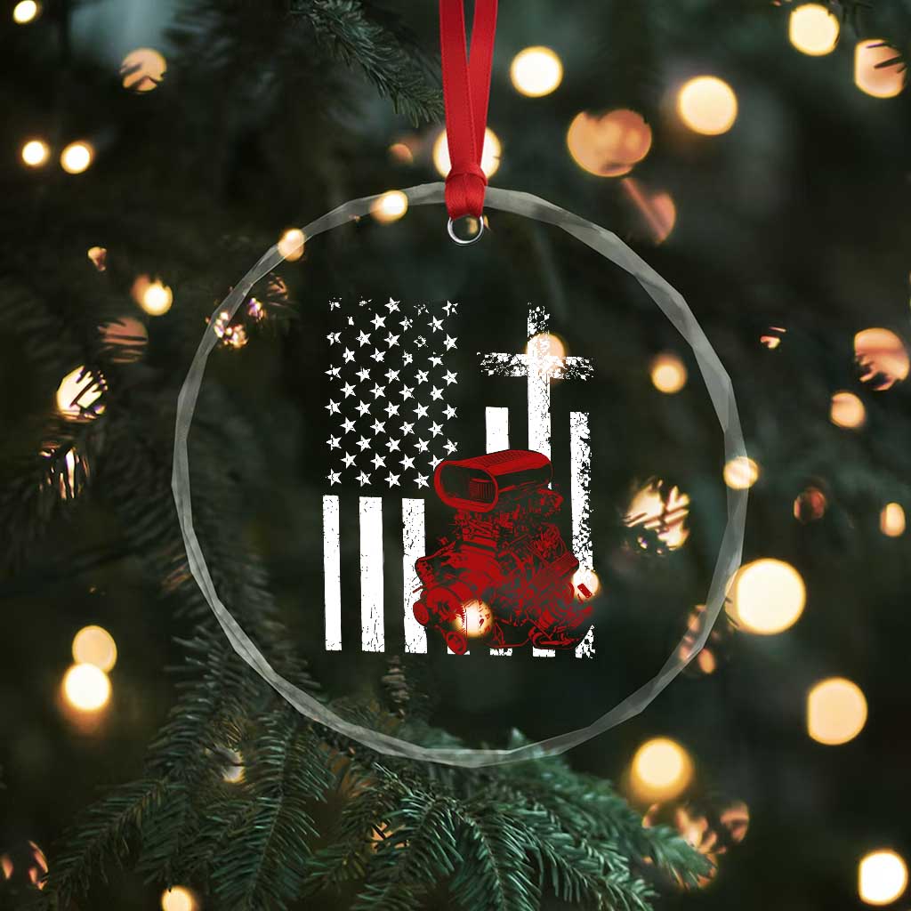 Classic Big Block Blower Crystal Glass Ornament Patriotic Racing Engine American Flag Christian Cross