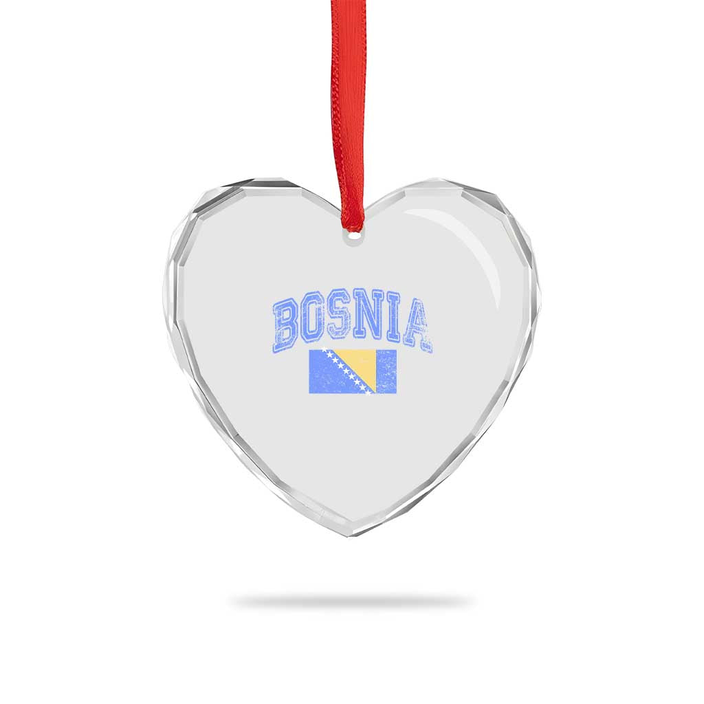 Classic Distressed Bosnia National Flag Varsity Style Heart Crystal Glass Ornament Sports Fan Athletic Graphic