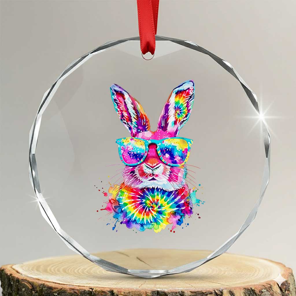 Colorful Tie Dye Bunny with Sunglasses Crystal Glass Ornament Cool Easter Rabbit Retro Hippie Vibe Graphic Gift TS02 Transparent Glass 3'' Circle Print Your Wear