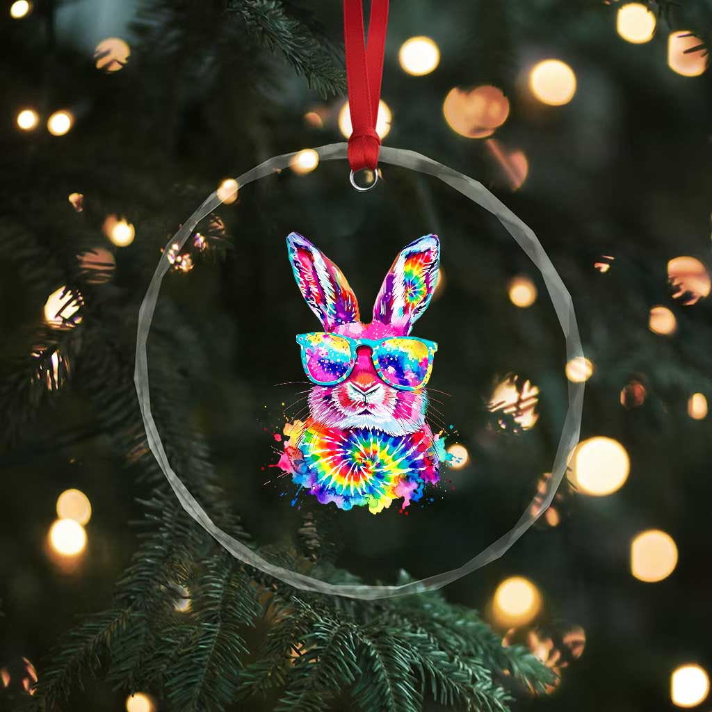 Colorful Tie Dye Bunny with Sunglasses Crystal Glass Ornament Cool Easter Rabbit Retro Hippie Vibe Graphic Gift TS02 Print Your Wear