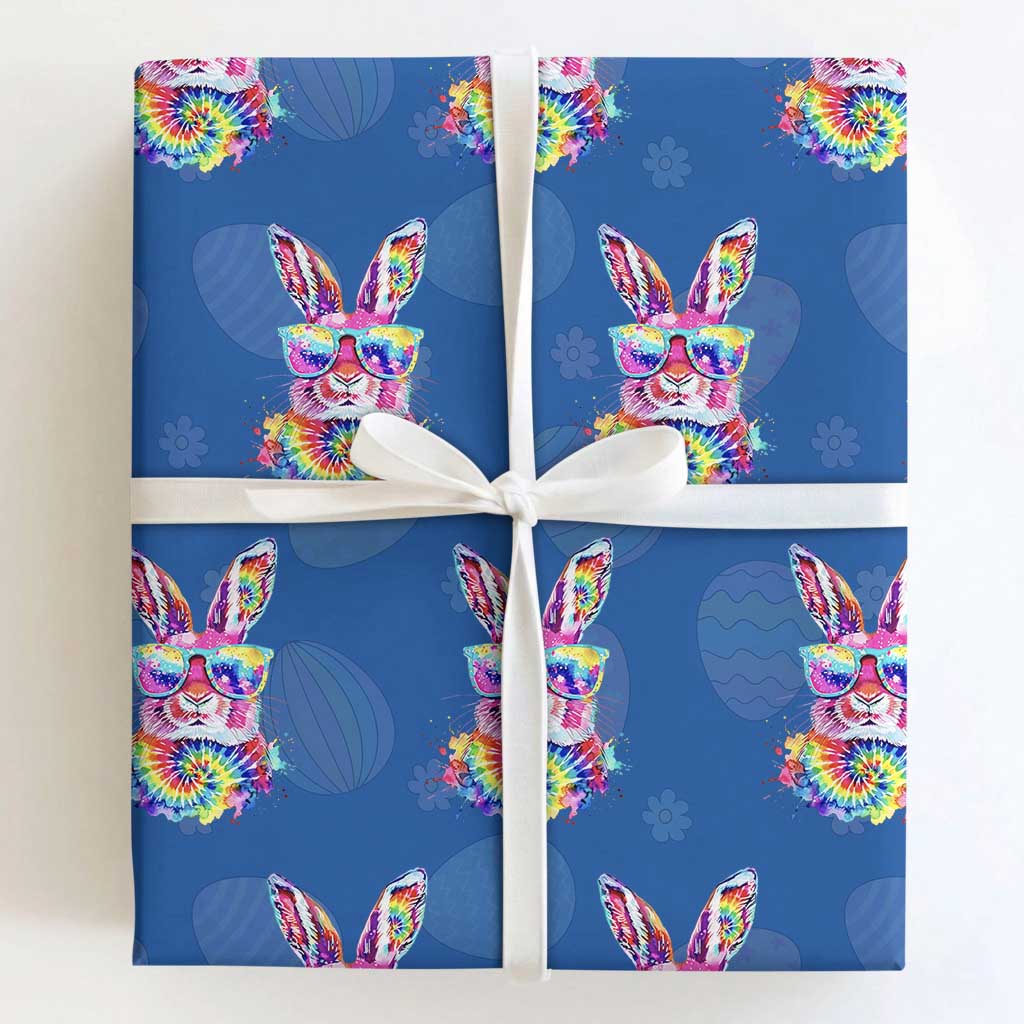 Colorful Tie Dye Bunny with Sunglasses Wrapping Paper Roll Cool Easter Rabbit Retro Hippie Vibe Graphic Gift TS02 Royal Blue Print Your Wear