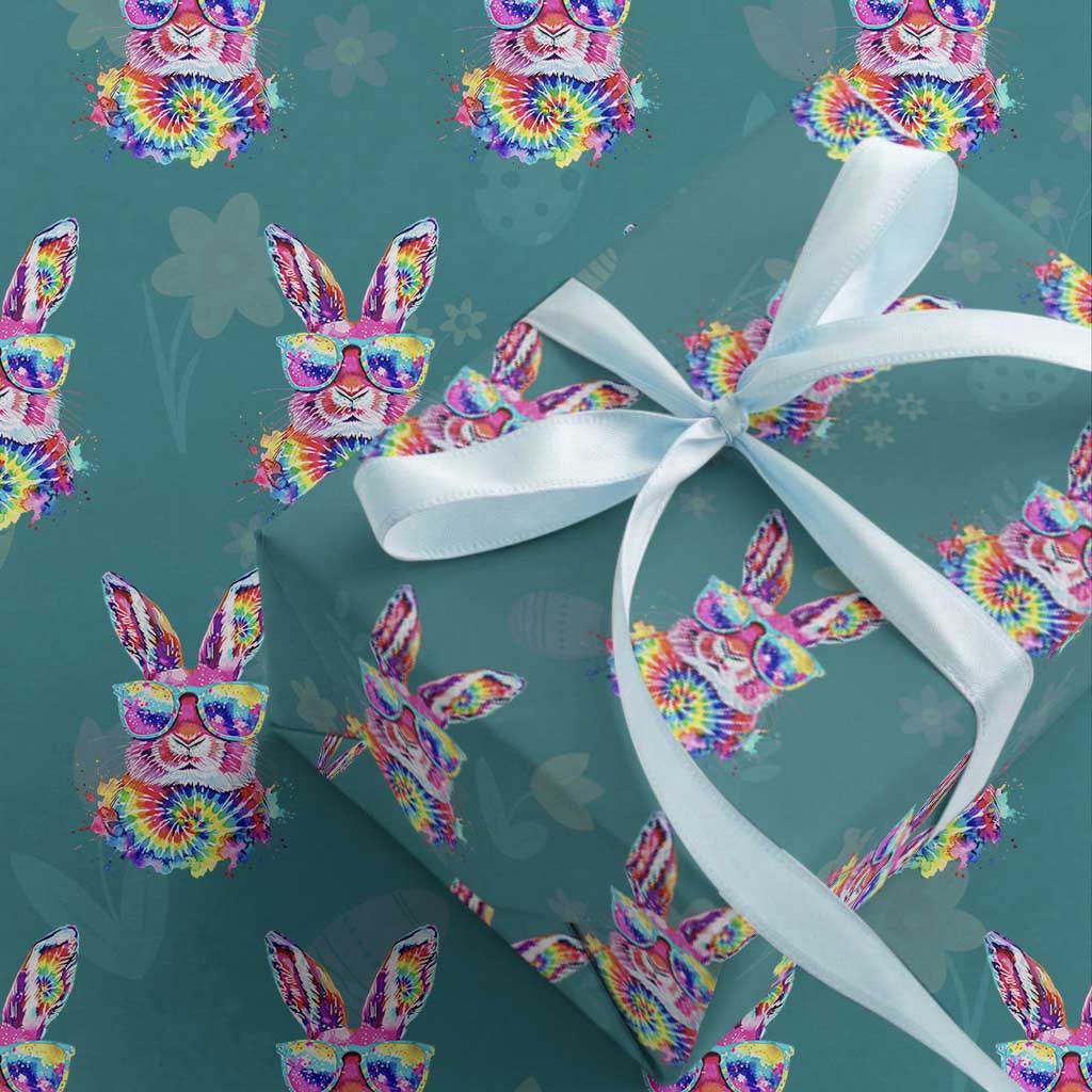Colorful Tie Dye Bunny with Sunglasses Wrapping Paper Roll Cool Easter Rabbit Retro Hippie Vibe Graphic Gift TS02 Teal Print Your Wear