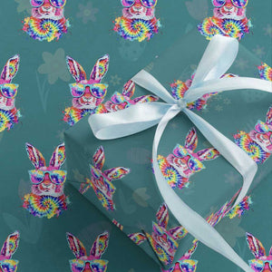 Colorful Tie Dye Bunny with Sunglasses Wrapping Paper Roll Cool Easter Rabbit Retro Hippie Vibe Graphic Gift TS02 Teal Print Your Wear