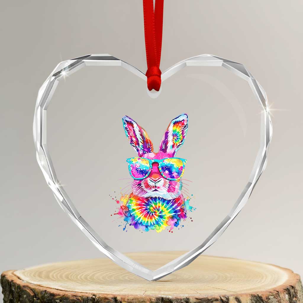 Colorful Tie Dye Bunny with Sunglasses Heart Crystal Glass Ornament Cool Easter Rabbit Retro Hippie Vibe Graphic Gift TS02 Transparent Glass 3'' Heart Print Your Wear