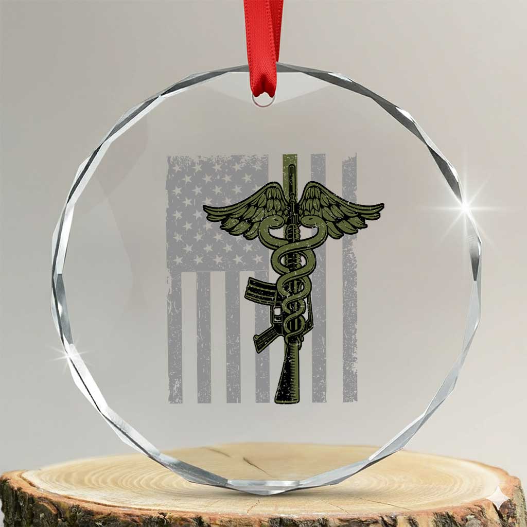Combat Medic Soldier Crystal Glass Ornament Caduceus Vintage American Flag TS11 Transparent Glass 3'' Circle Print Your Wear