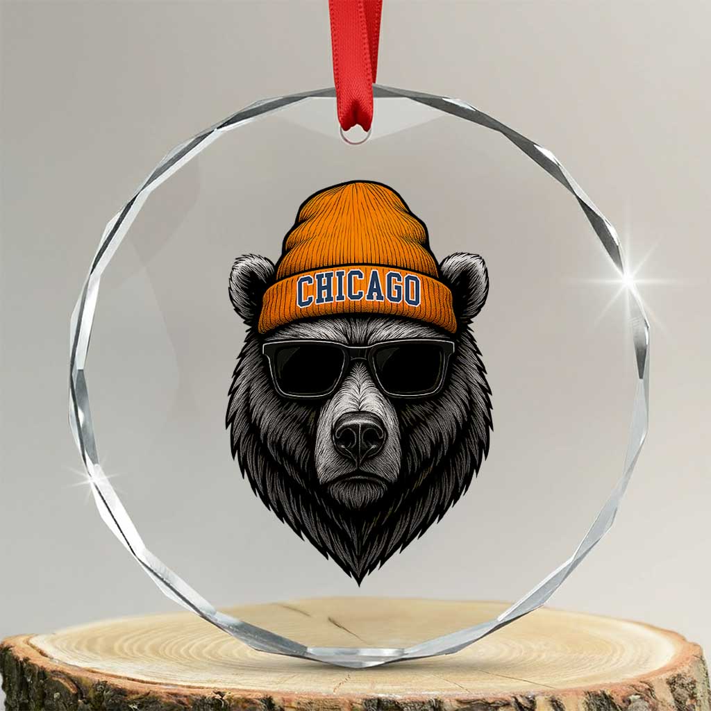 Cool Bear Chicago Graphic Crystal Glass Ornament Retro Vibe City Pride Beanie and Sunglasses TS02 Transparent Glass 3'' Circle Print Your Wear