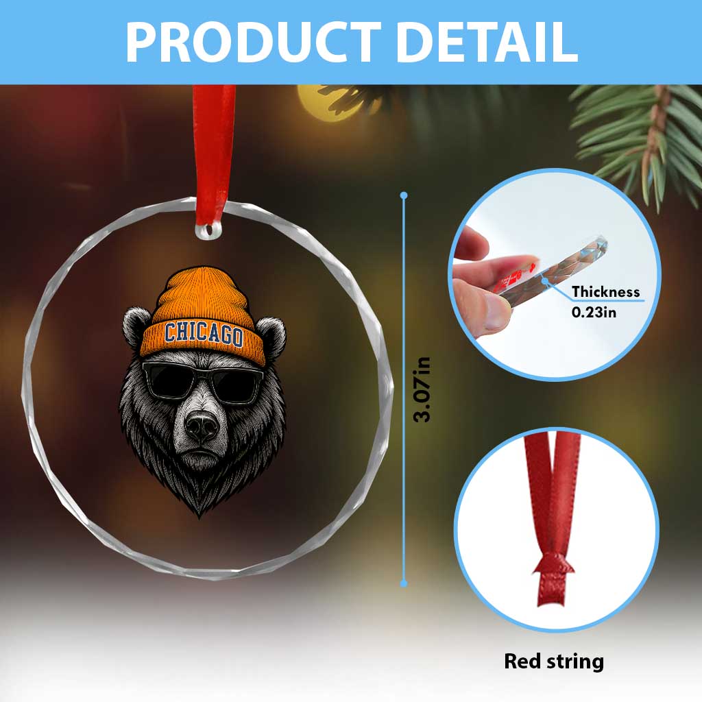 Cool Bear Chicago Graphic Crystal Glass Ornament Retro Vibe City Pride Beanie and Sunglasses TS02 Print Your Wear