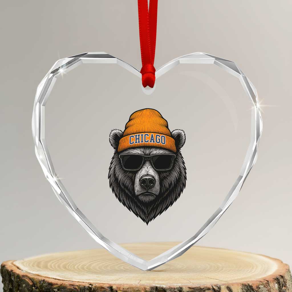 Cool Bear Chicago Graphic Heart Crystal Glass Ornament Retro Vibe City Pride Beanie and Sunglasses TS02 Transparent Glass 3'' Heart Print Your Wear