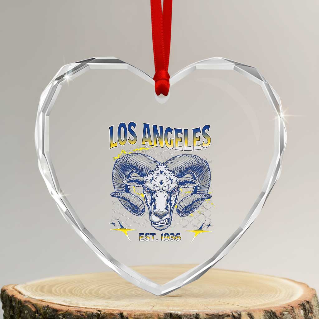 Cool Blue and Gold Ram Head Bighorn Sheep Graphic Heart Crystal Glass Ornament Est 1936 Los Angeles Lover TS02 Transparent Glass 3'' Heart Print Your Wear