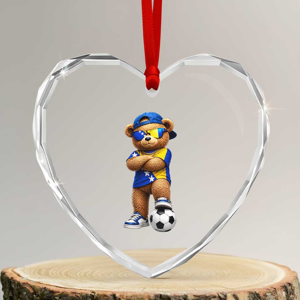 Cool Bosnia Herzegovina Flag Teddy Bear Soccer Fan Heart Crystal Glass Ornament BIH Bosnian Heritage Football Lovers
