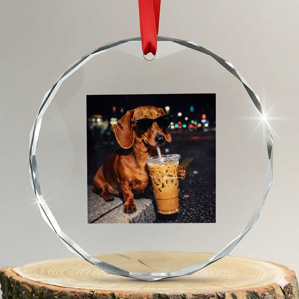 Cool Dachshund Drinking Iced Coffee Graphic Crystal Glass Ornament Funny Wiener Dog Night Vibes Aesthetic TS02 Transparent Glass 3'' Circle Print Your Wear