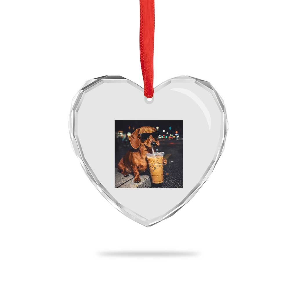 Cool Dachshund Drinking Iced Coffee Graphic Heart Crystal Glass Ornament Funny Wiener Dog Night Vibes Aesthetic TS02 Print Your Wear