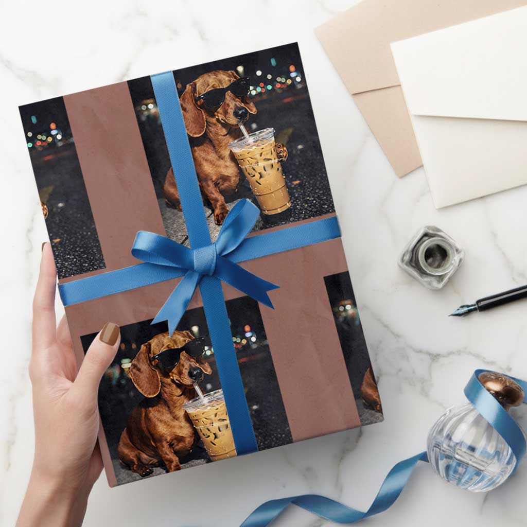 Cool Dachshund Drinking Iced Coffee Graphic Wrapping Paper Roll Funny Wiener Dog Night Vibes Aesthetic TS02 Mocha Print Your Wear