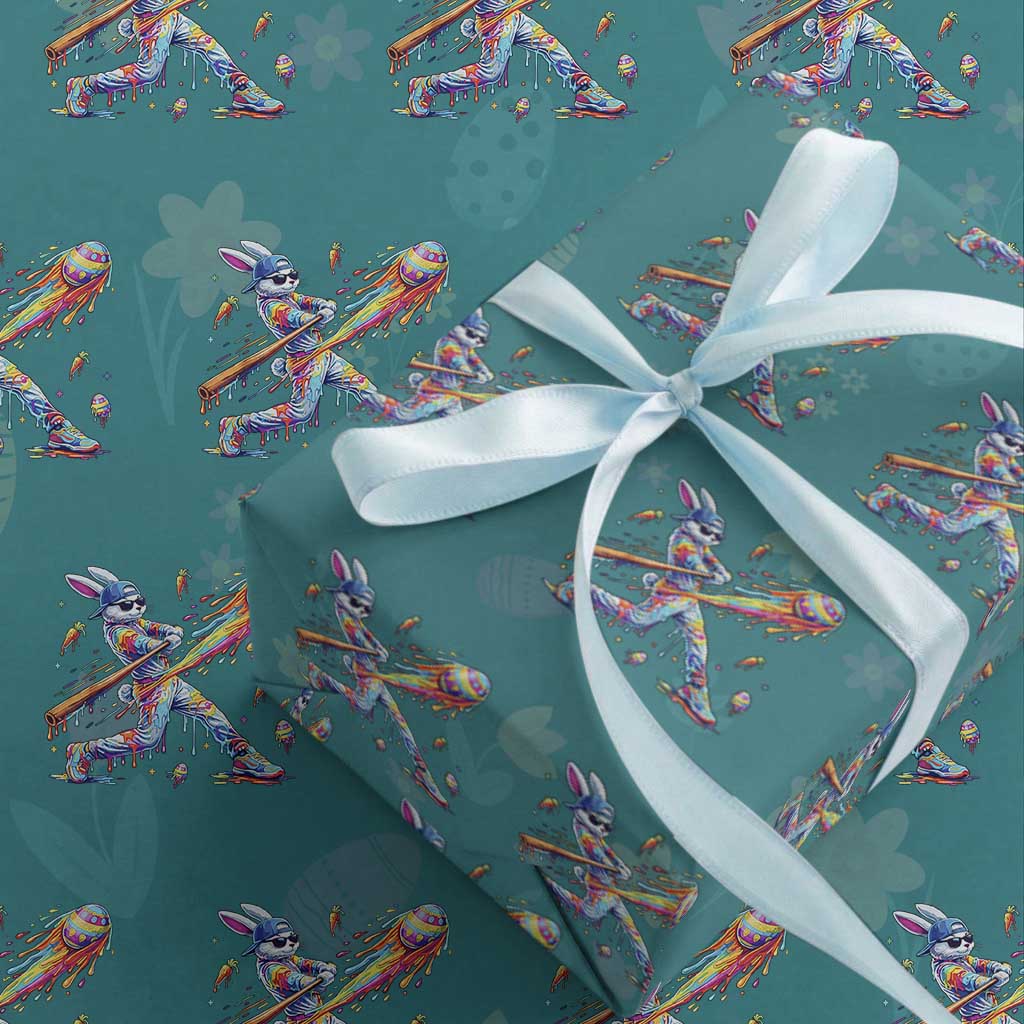 Cool Easter Bunny Baseball Player Neon Paint Splash Graphic Wrapping Paper Roll Funny Rabbit Sports with Egg Bat Hit Gift TS02 Teal Print Your Wear
