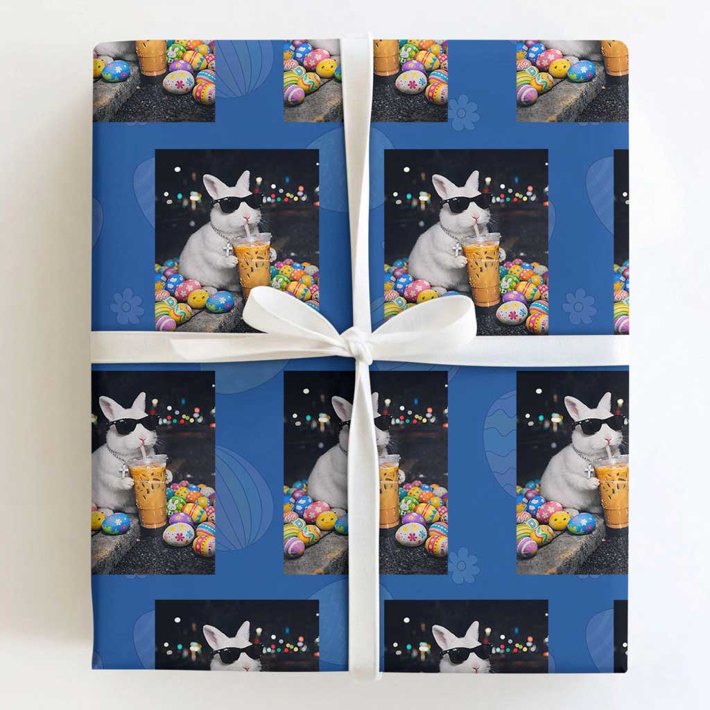 Cool Easter Bunny Drinking Iced Coffee Graphic Wrapping Paper Roll Funny Sunglasses Rabbit Spring Aesthetic TS02 Royal Blue Print Your Wear
