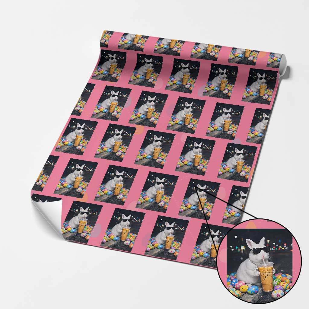Cool Easter Bunny Drinking Iced Coffee Graphic Wrapping Paper Roll Funny Sunglasses Rabbit Spring Aesthetic TS02 Pink Print Your Wear