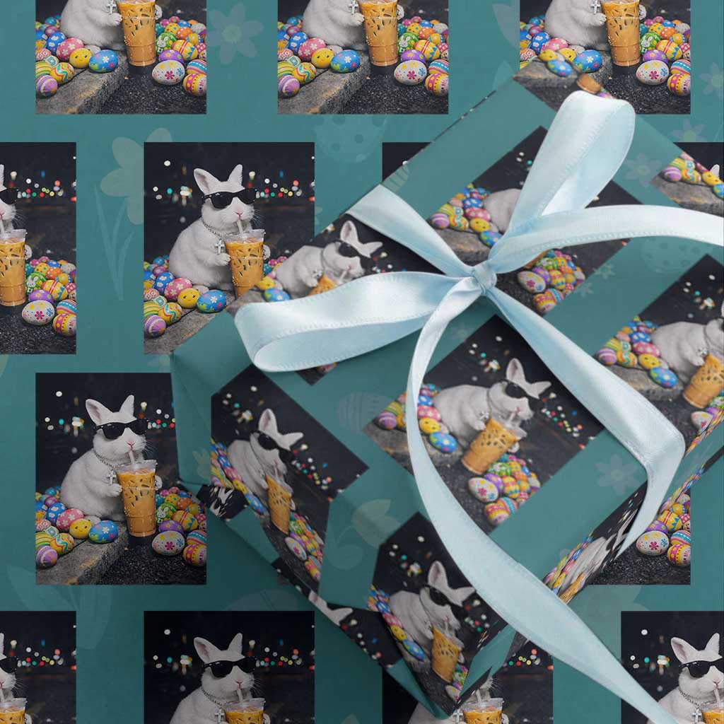 Cool Easter Bunny Drinking Iced Coffee Graphic Wrapping Paper Roll Funny Sunglasses Rabbit Spring Aesthetic TS02 Teal Print Your Wear