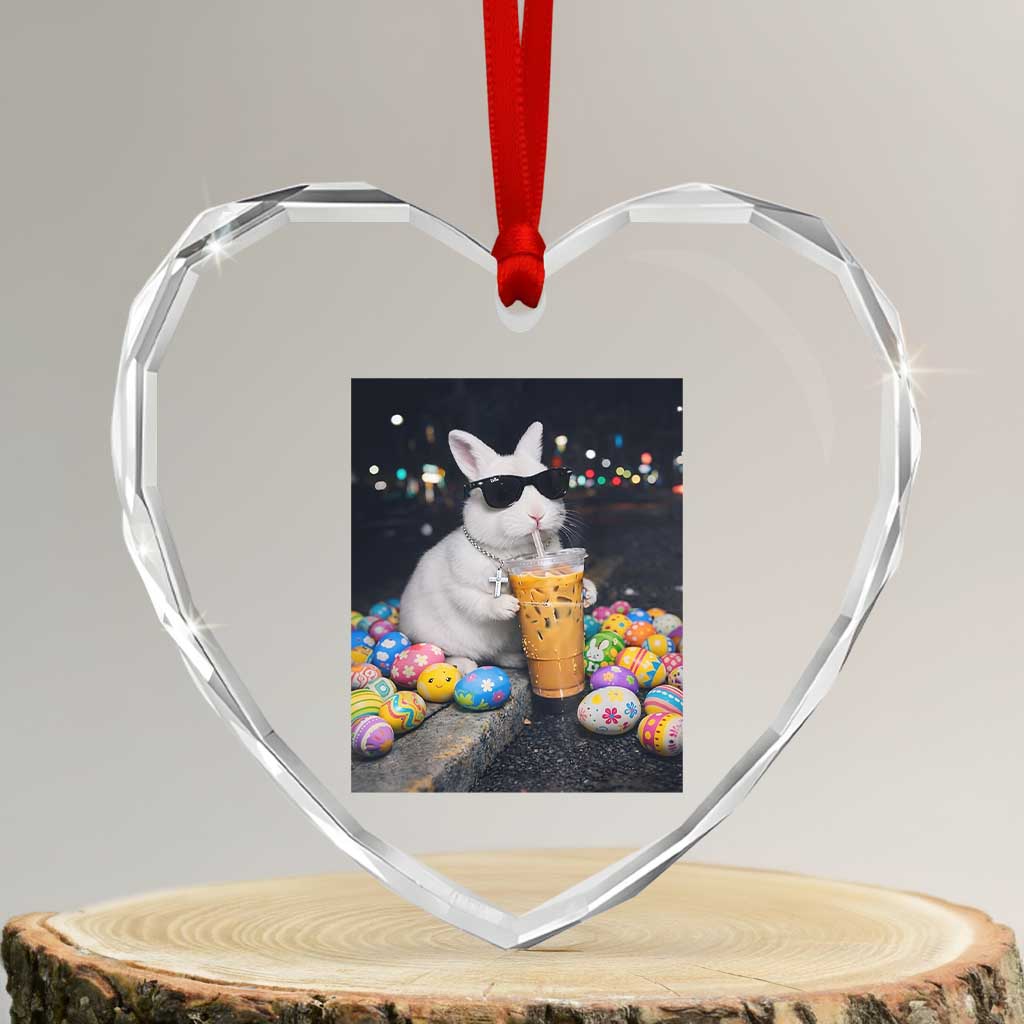 Cool Easter Bunny Drinking Iced Coffee Graphic Heart Crystal Glass Ornament Funny Sunglasses Rabbit Spring Aesthetic TS02 Transparent Glass 3'' Heart Print Your Wear