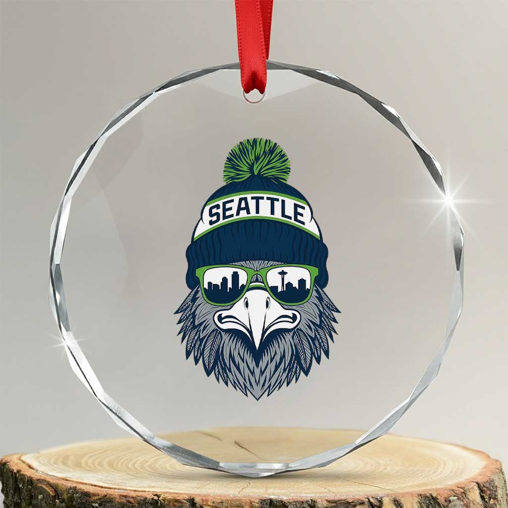 Cool Hawk with Beanie Sunglasses Sports Graphic Crystal Glass Ornament Seattle City Skyline Pride Game Day Sports Fan TS02 Transparent Glass 3'' Circle Print Your Wear