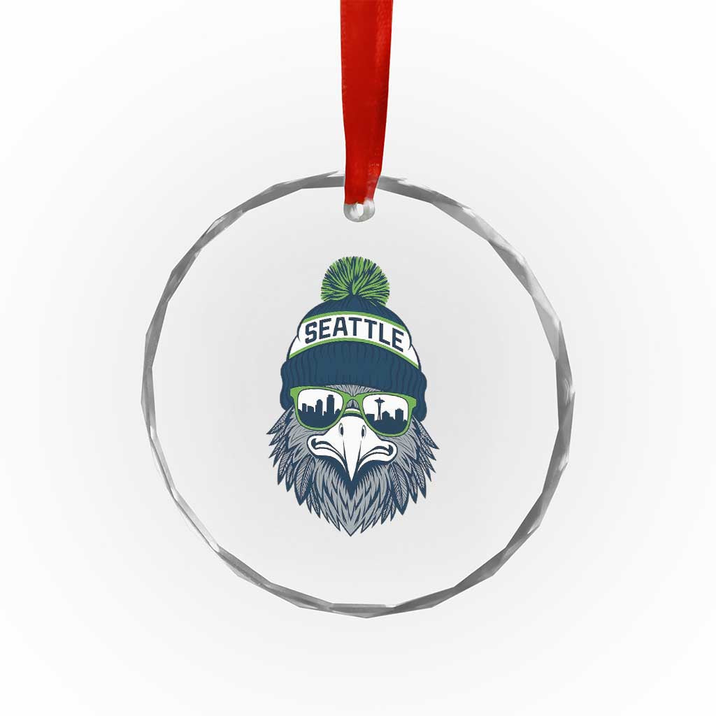 Cool Hawk with Beanie Sunglasses Sports Graphic Crystal Glass Ornament Seattle City Skyline Pride Game Day Sports Fan