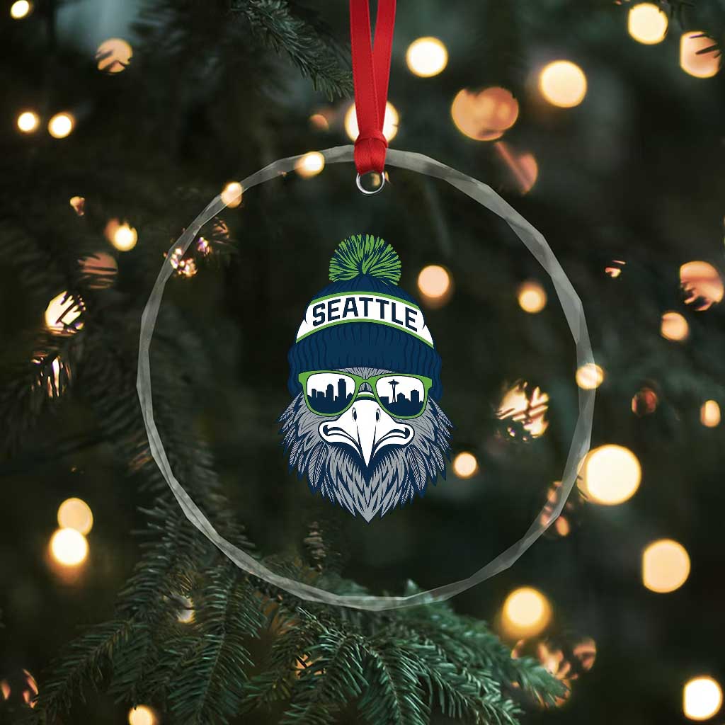 Cool Hawk with Beanie Sunglasses Sports Graphic Crystal Glass Ornament Seattle City Skyline Pride Game Day Sports Fan