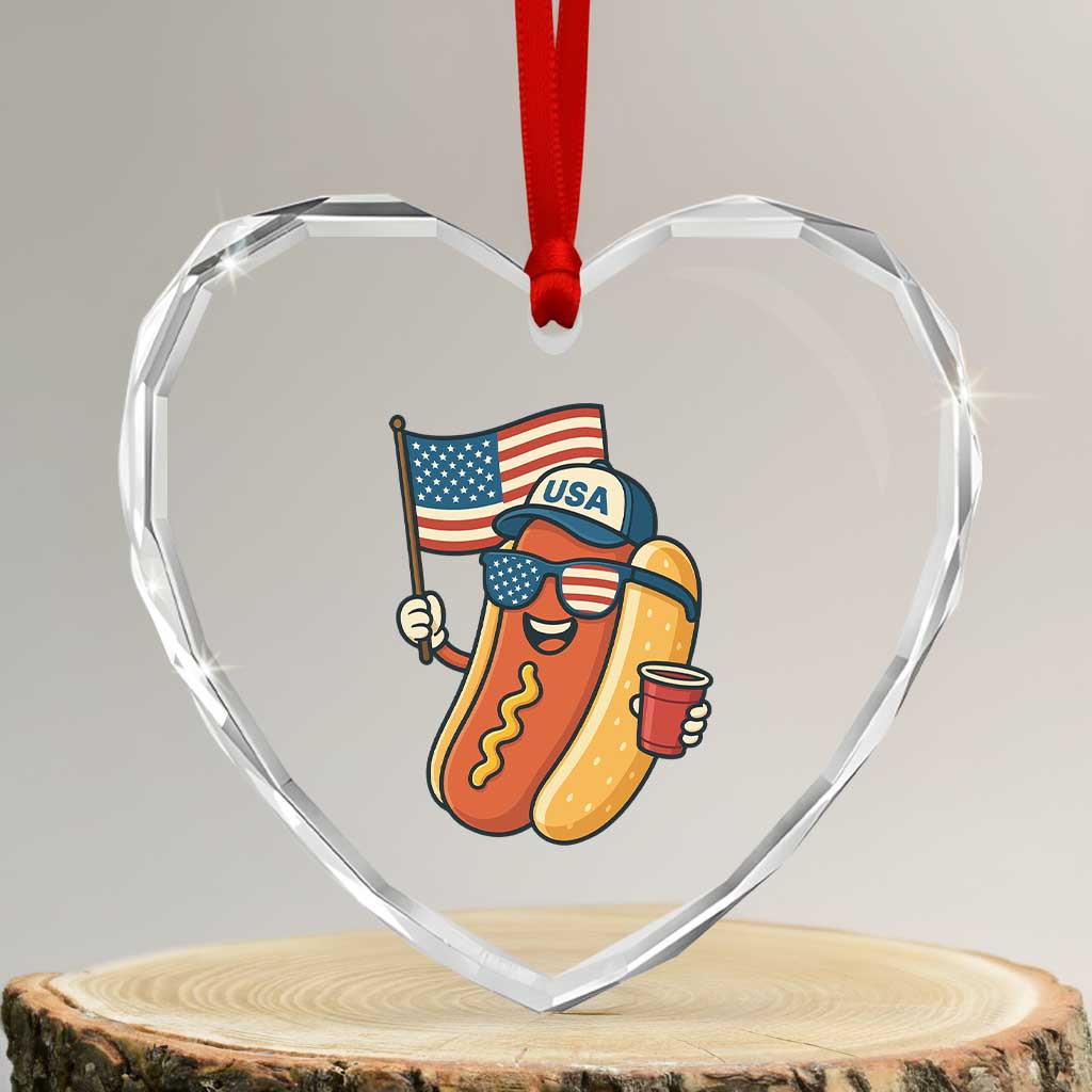 Cool Patriotic Hot Dog Heart Crystal Glass Ornament Funny 4th of July Cookout 4th of July American Flag TS02 Transparent Glass 3'' Heart Print Your Wear