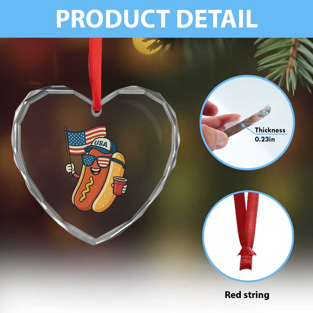 Cool Patriotic Hot Dog Heart Crystal Glass Ornament Funny 4th of July Cookout 4th of July American Flag TS02 Print Your Wear