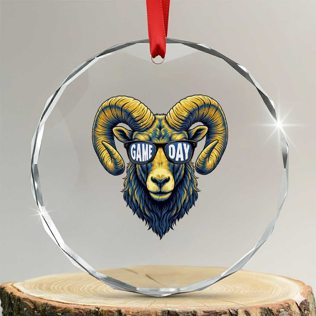 Cool Ram Game Day Bighorn Sheep Graphic Crystal Glass Ornament Bold Blue and Gold Fan TS02 Transparent Glass 3'' Circle Print Your Wear