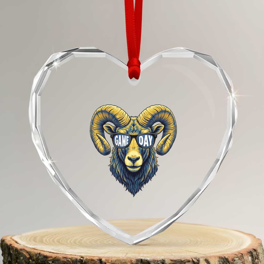 Cool Ram Game Day Bighorn Sheep Graphic Heart Crystal Glass Ornament Bold Blue and Gold Fan TS02 Transparent Glass 3'' Heart Print Your Wear