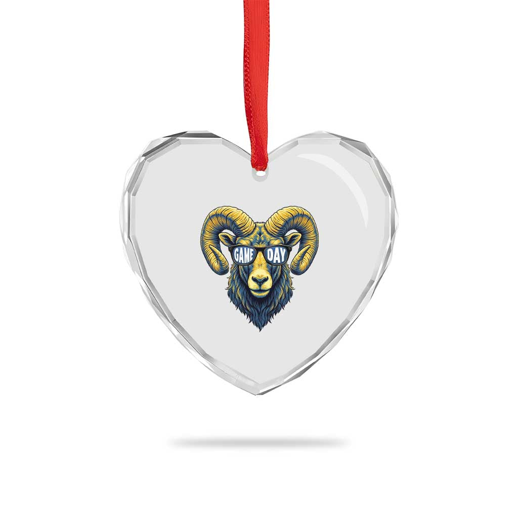 Cool Ram Game Day Bighorn Sheep Graphic Heart Crystal Glass Ornament Bold Blue and Gold Fan TS02 Print Your Wear