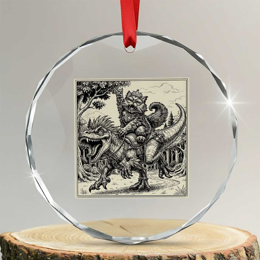 Cool Royal Cat Riding Dinosaur Crystal Glass Ornament Rock N Roll Engraving Graphic Art TS12 Transparent Glass 3'' Circle Print Your Wear