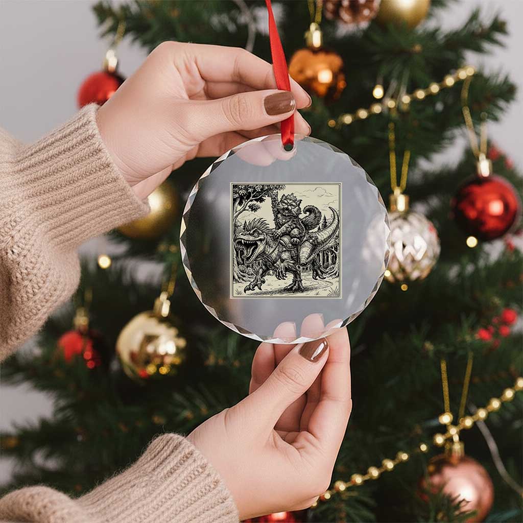 Cool Royal Cat Riding Dinosaur Crystal Glass Ornament Rock N Roll Engraving Graphic Art