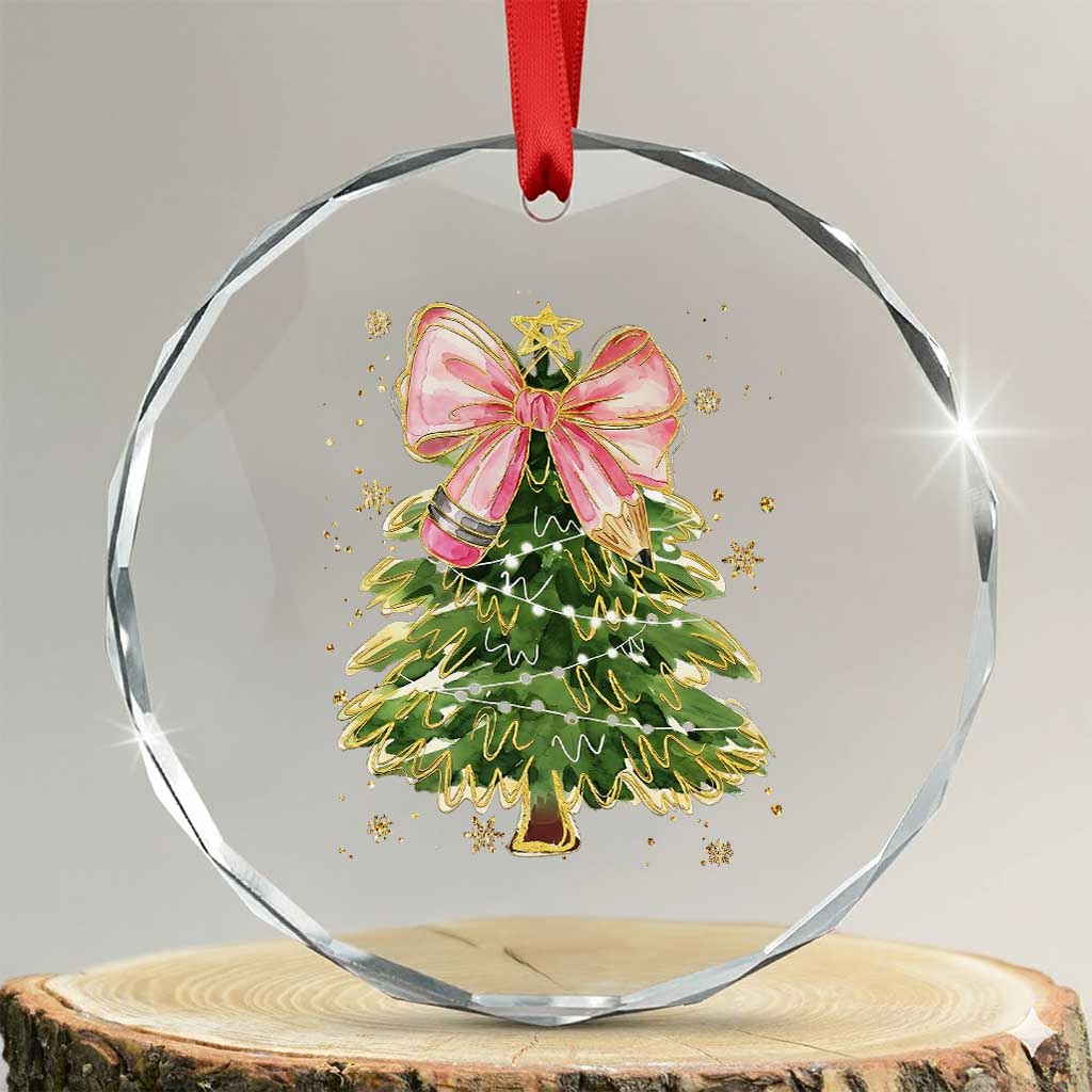 Coquette Bow Christmas Crystal Glass Ornament Cute Teacher Xmas Tree Pink TS10 Transparent Glass 3'' Circle Print Your Wear